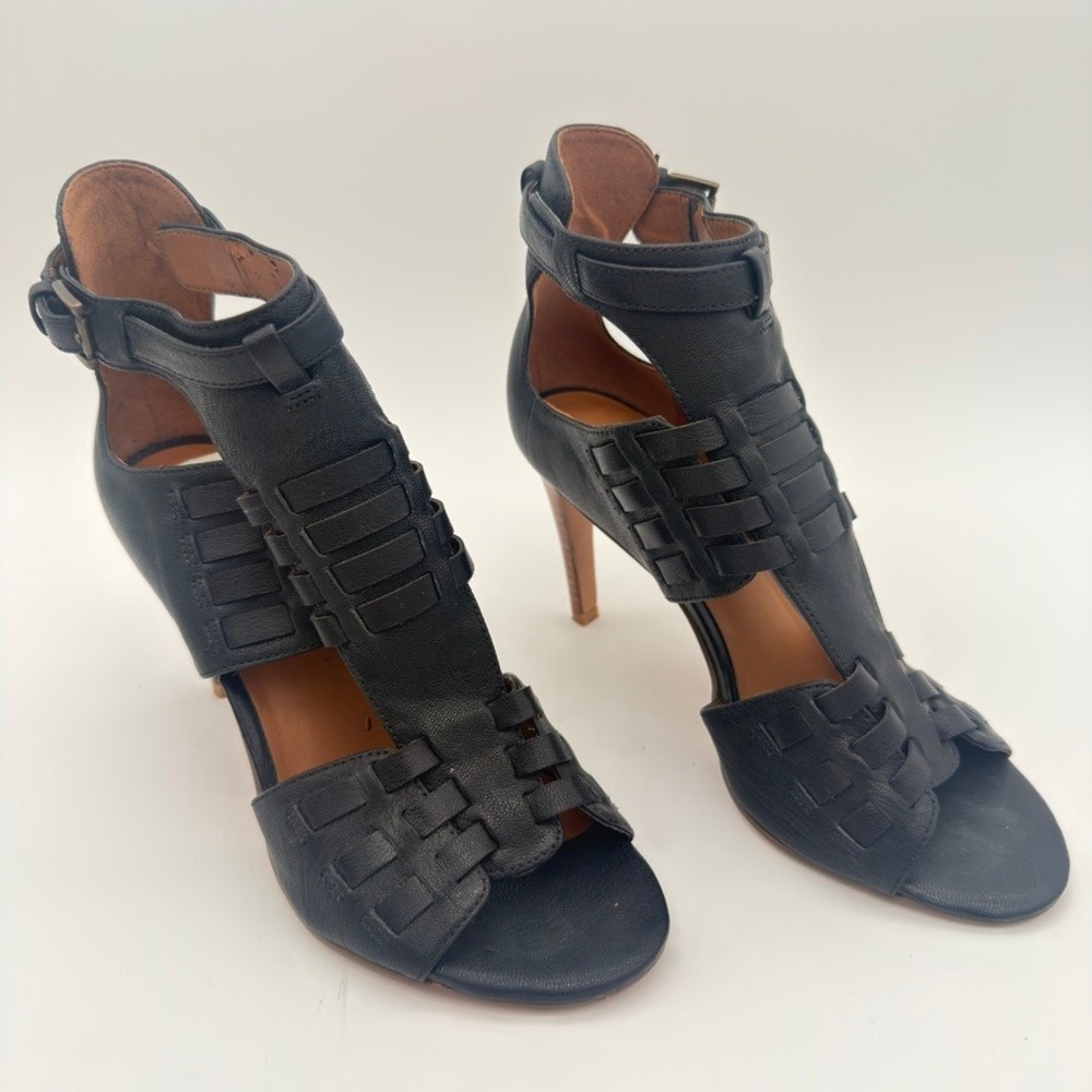 Nine West Kurrius Womens 5.5M Black Woven Cage Stiletto Heel Sandals